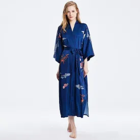 100% Mulberry Silk Kimono Robe Blue Floral Printed Luxury Silk Robe