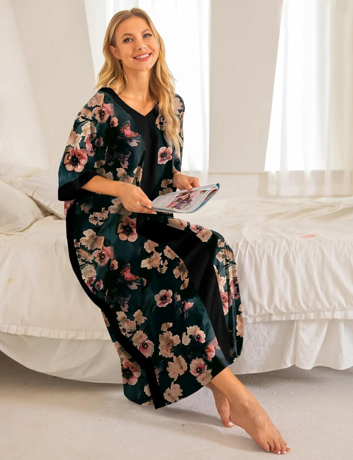 Bloggerlove Women Nightgowns Cotton Caftan House Dress Short Sleeve Sleepwear