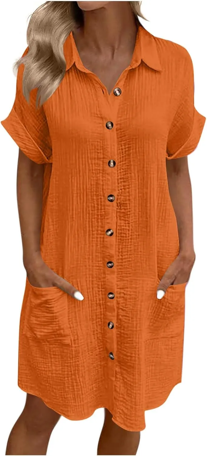 Button Down Dress for Women Summer Short Sleeve Tshirt Dresses Casual Flowy V Neck Loose Midi Beach Dress