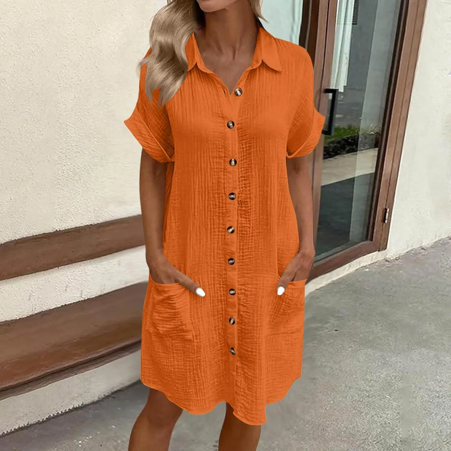 Button Down Dress for Women Summer Short Sleeve Tshirt Dresses Casual Flowy V Neck Loose Midi Beach Dress