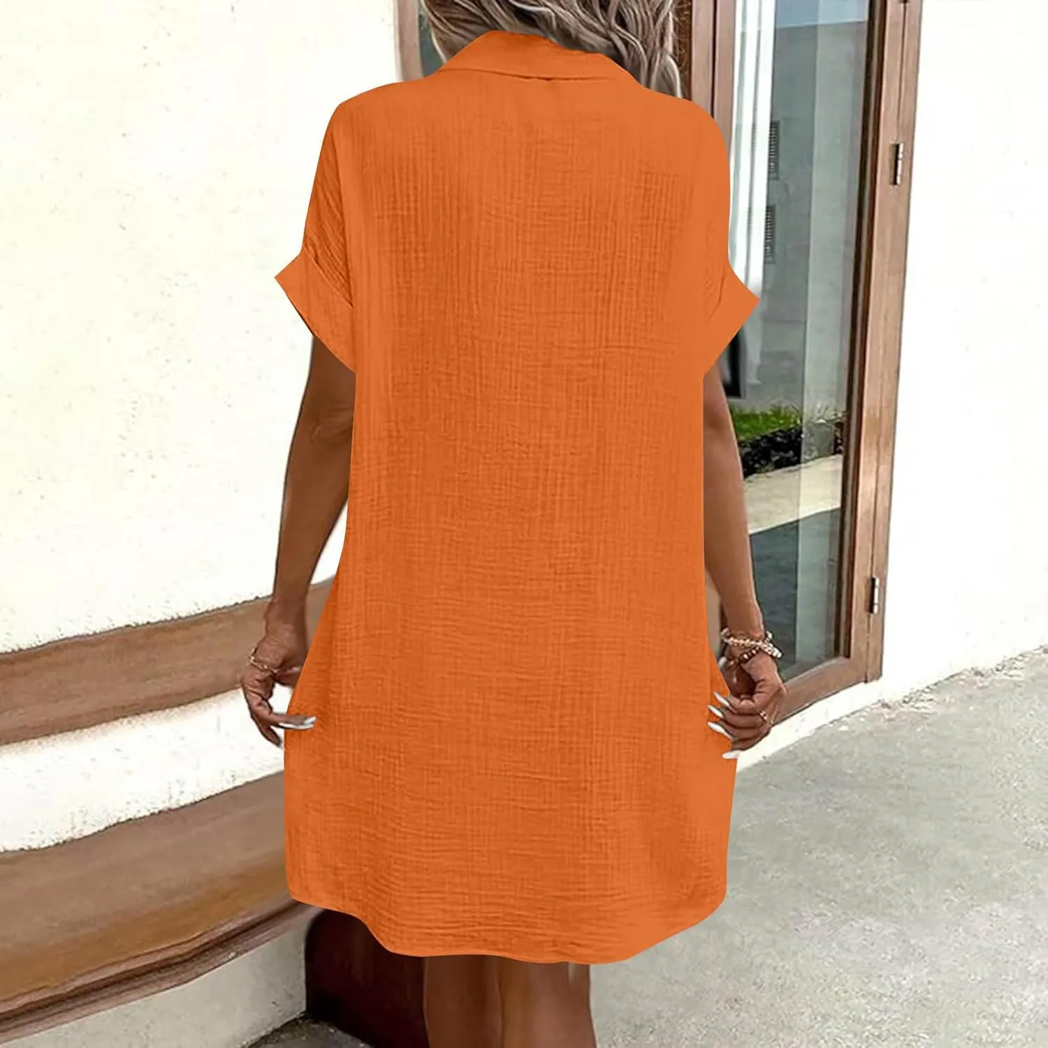 Button Down Dress for Women Summer Short Sleeve Tshirt Dresses Casual Flowy V Neck Loose Midi Beach Dress