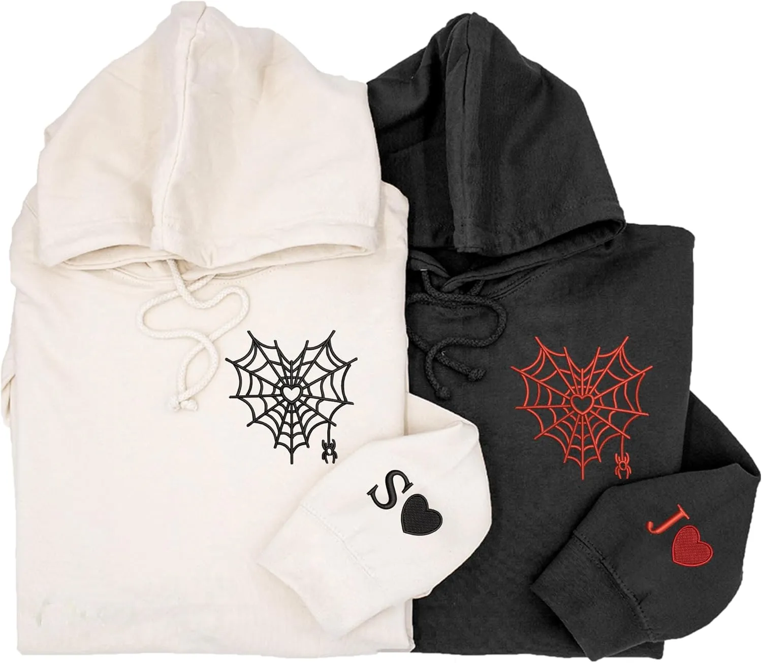 Custom Embroidered Couple Hoodies and Sweatshirts, Personalized Matching Hoodies for Lovers, Couple's Spider Web Pattern Embroidered, Gifts for Her, Him, Birthday, Valentines, Halloween, Christmas