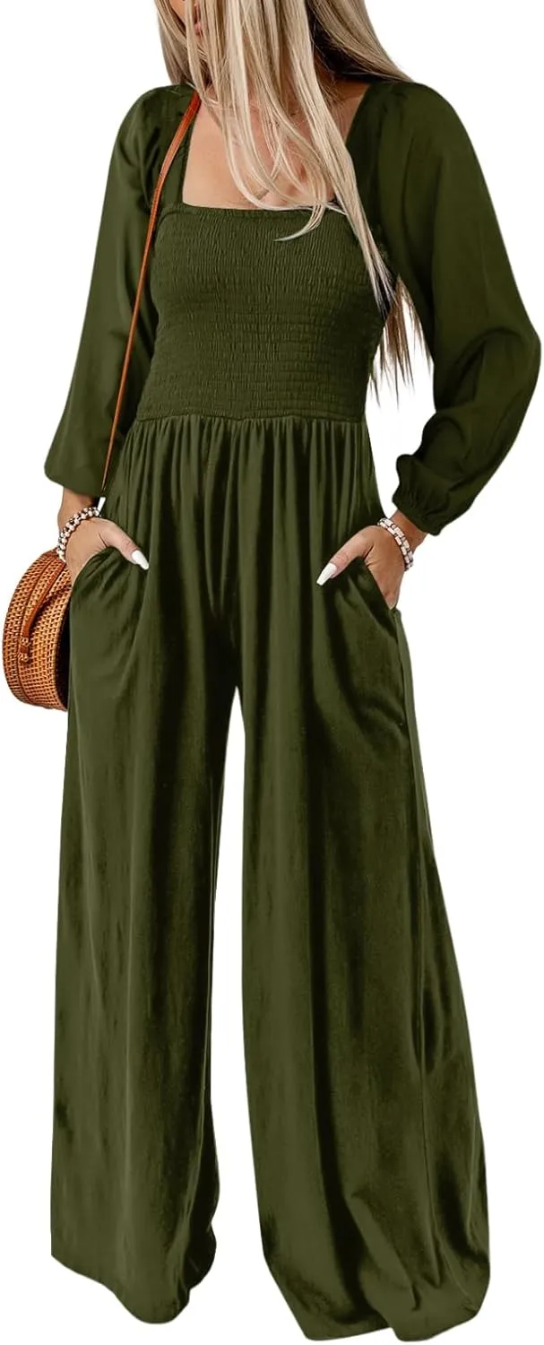 Dokotoo Women's Casual Loose Overalls Jumpsuits One Piece Long Sleeve Wide Leg Long Pant Rompers With Pockets
