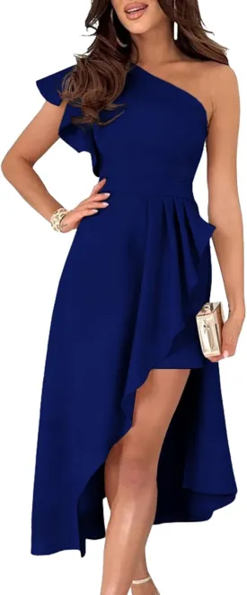 Dokotoo Womens One Shoulder Sleeveless Ruffle Empire Waist Asymmetrical High-Low Bodycon Formal Wedding Guest Midi Dresses