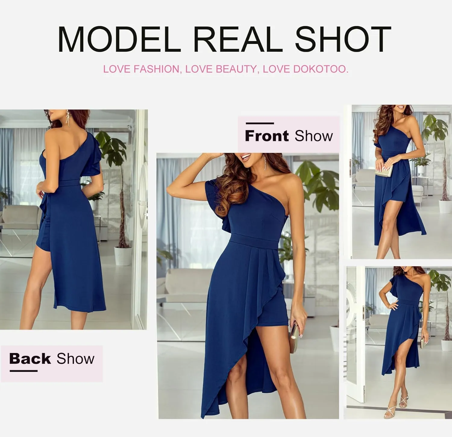Dokotoo Womens One Shoulder Sleeveless Ruffle Empire Waist Asymmetrical High-Low Bodycon Formal Wedding Guest Midi Dresses