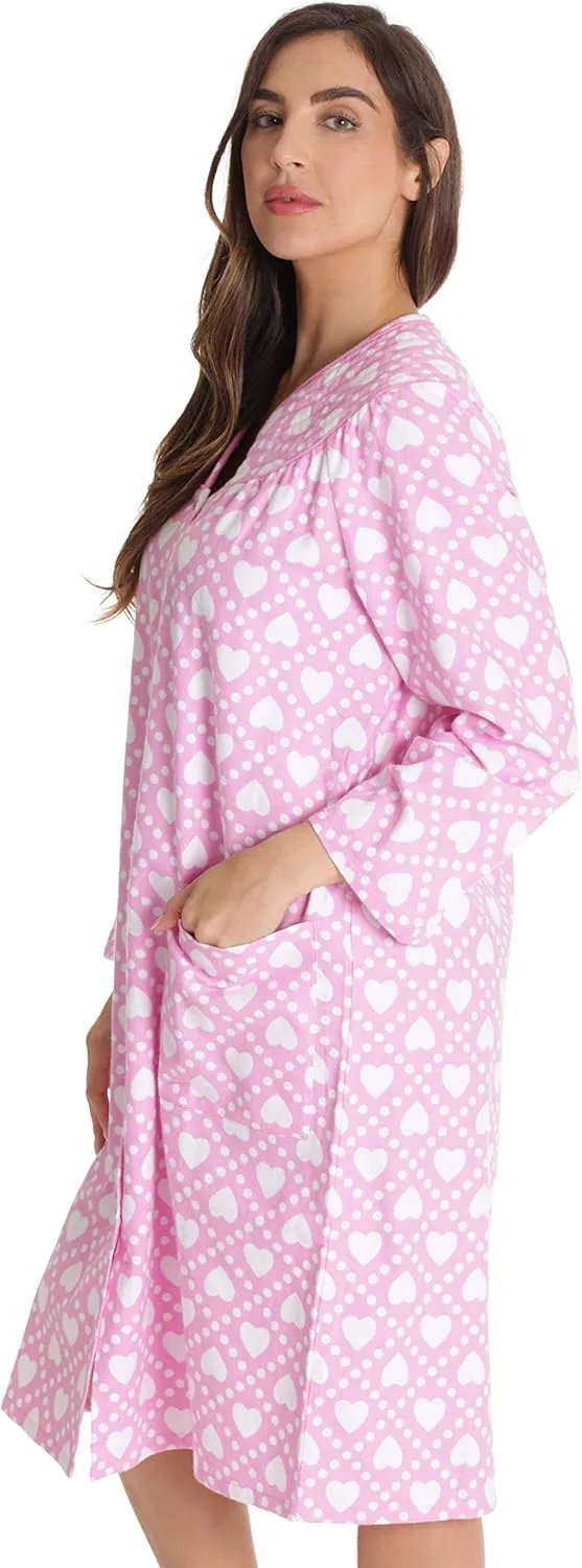 Dreamcrest Womens Snap-Front House Coat Flannel Duster Robe with Pockets