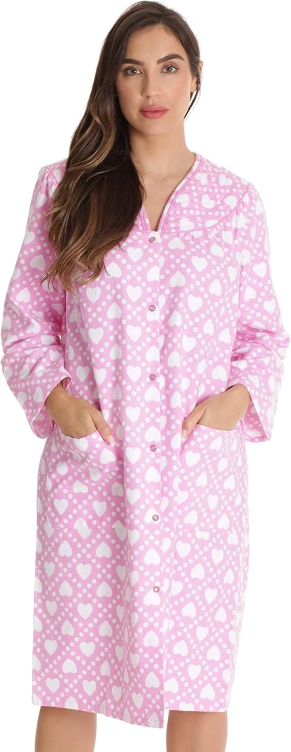 Dreamcrest Womens Snap-Front House Coat Flannel Duster Robe with Pockets