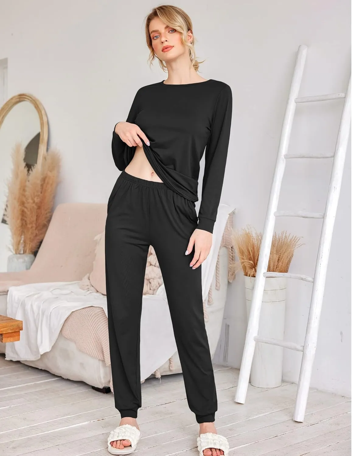 Ekouaer 2 Pack Women's Pajama Set Long Sleeve Top With Jogger Pants Lounge Sets Sleepwear Loungewear with Pockets