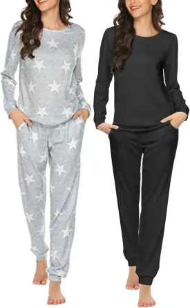Ekouaer 2 Pack Women's Pajama Set Long Sleeve Top With Jogger Pants Lounge Sets Sleepwear Loungewear with Pockets
