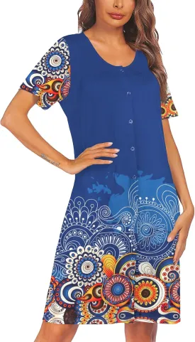 Ekouaer House Dresses for Women Button Down Nightgowns Short Sleeve Pleated Snap Front Mumu Dress S-2XL