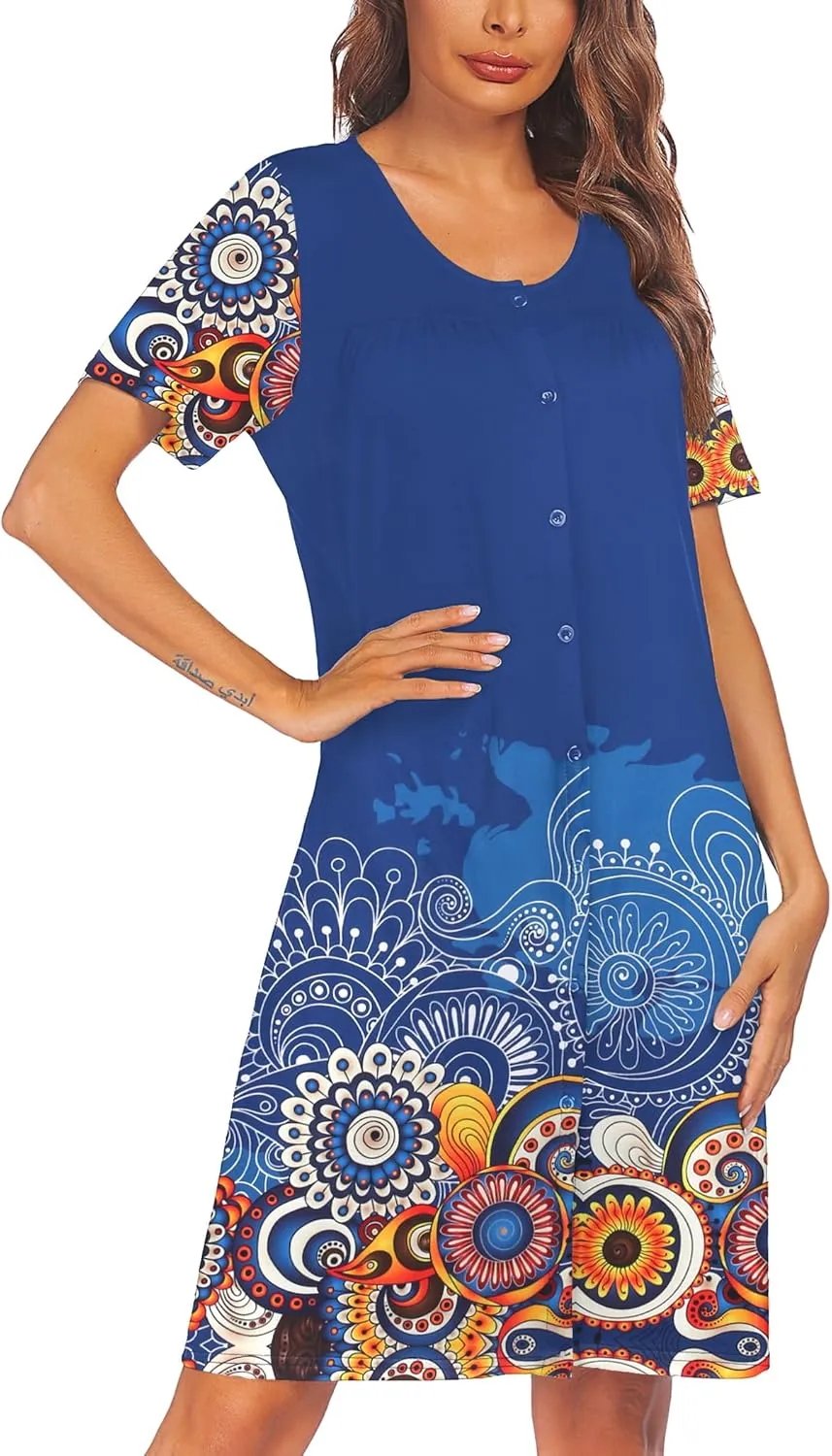 Ekouaer House Dresses for Women Button Down Nightgowns Short Sleeve Pleated Snap Front Mumu Dress S-2XL
