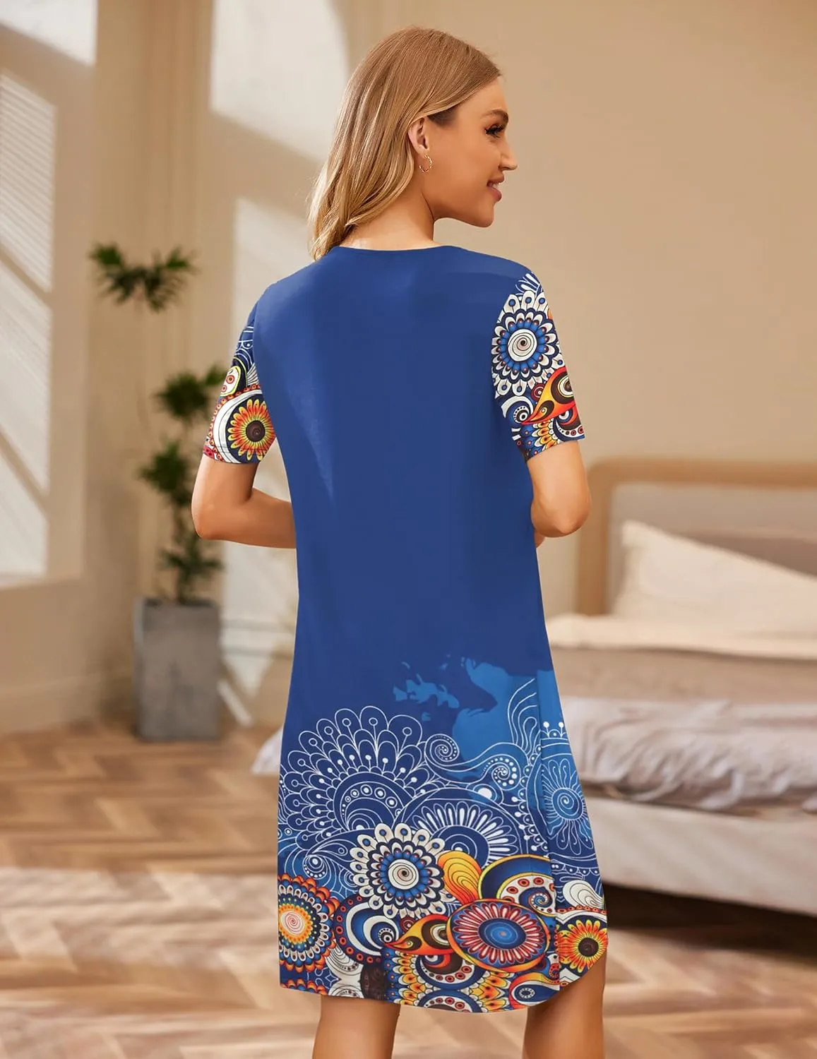 Ekouaer House Dresses for Women Button Down Nightgowns Short Sleeve Pleated Snap Front Mumu Dress S-2XL