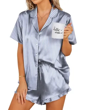 Ekouaer Silk Pajamas Womens Short Sleeve Sleepwear 2 Piece Satin Pjs Shorts Set Button Down Loungewear Striped Grey Blue M