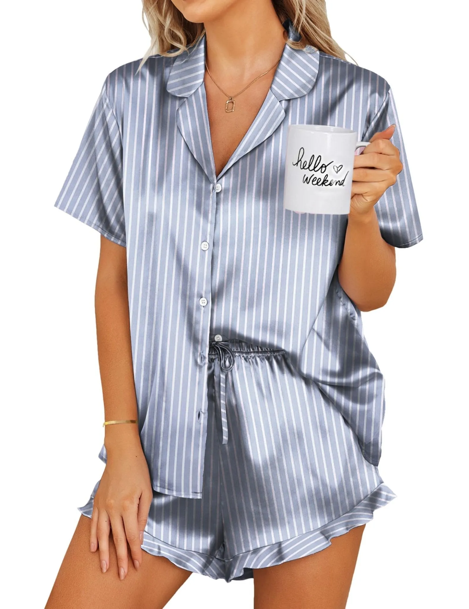 Ekouaer Silk Pajamas Womens Short Sleeve Sleepwear 2 Piece Satin Pjs Shorts Set Button Down Loungewear Striped Grey Blue M