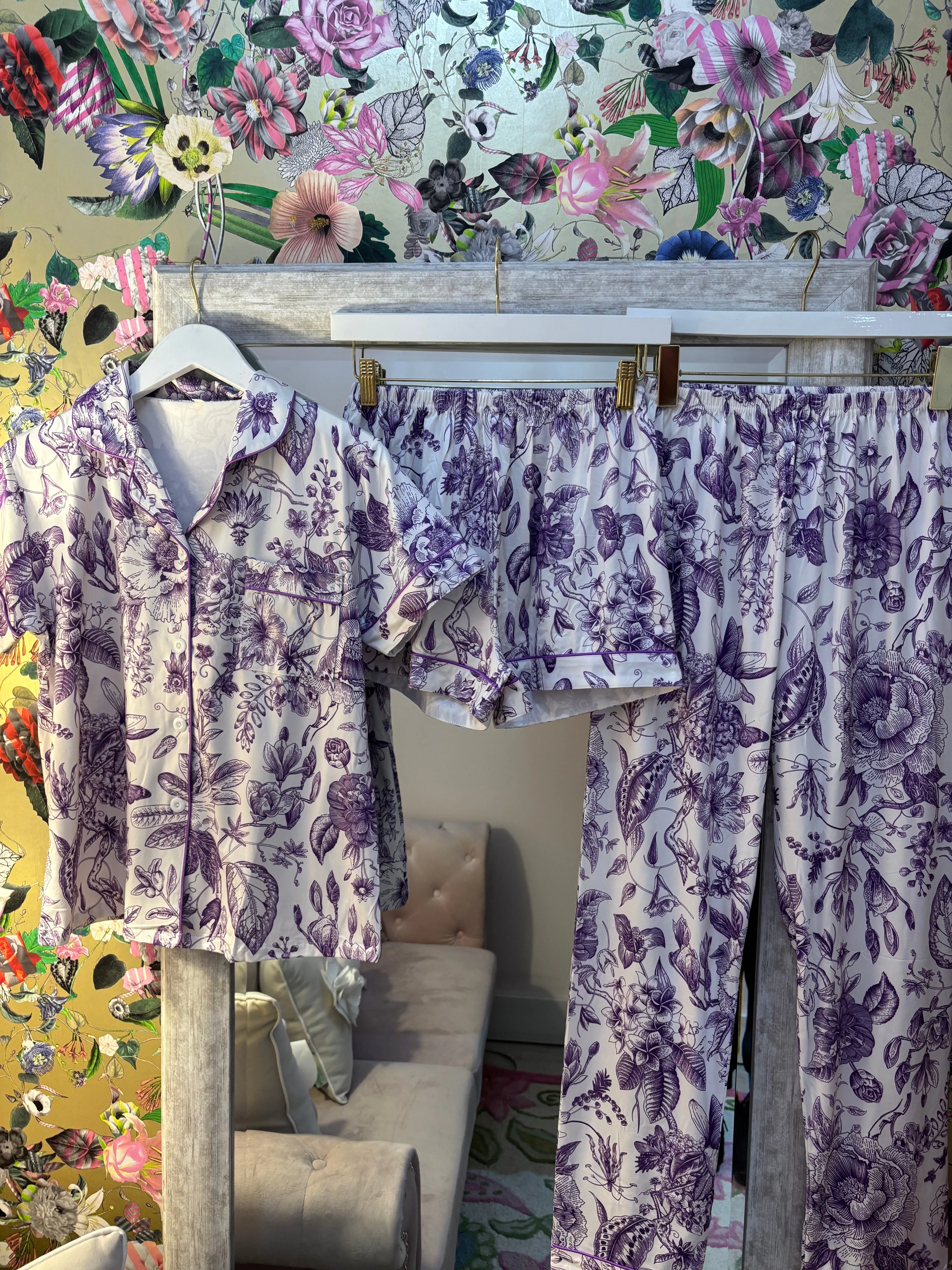 Floral 3 Piece Pajama Set- Purple
