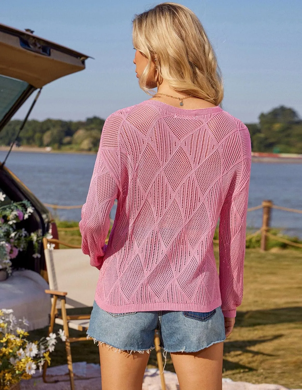 GRACE KARIN Women's 2025 Spring Summer Long Sleeve Crochet Pullover Sweater Hollow Out Knit Tops Off Shoulder T-Shirts