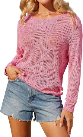 GRACE KARIN Women's 2025 Spring Summer Long Sleeve Crochet Pullover Sweater Hollow Out Knit Tops Off Shoulder T-Shirts