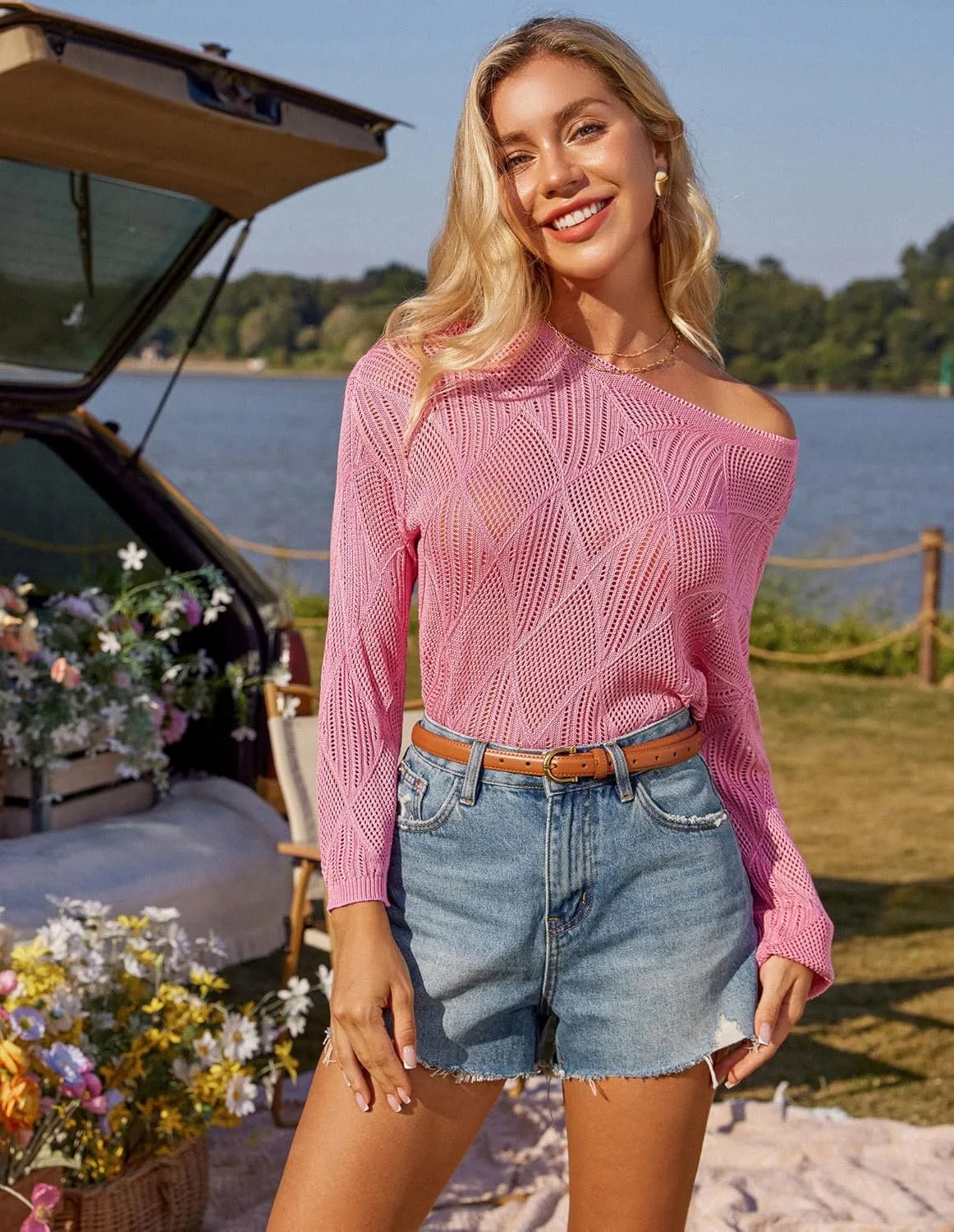 GRACE KARIN Women's 2025 Spring Summer Long Sleeve Crochet Pullover Sweater Hollow Out Knit Tops Off Shoulder T-Shirts