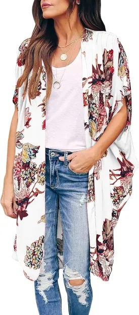 Ivay Womens Floral Kimono Duster Cardigans Short Sleeve Draped Oversized Beach Cover Up Cape