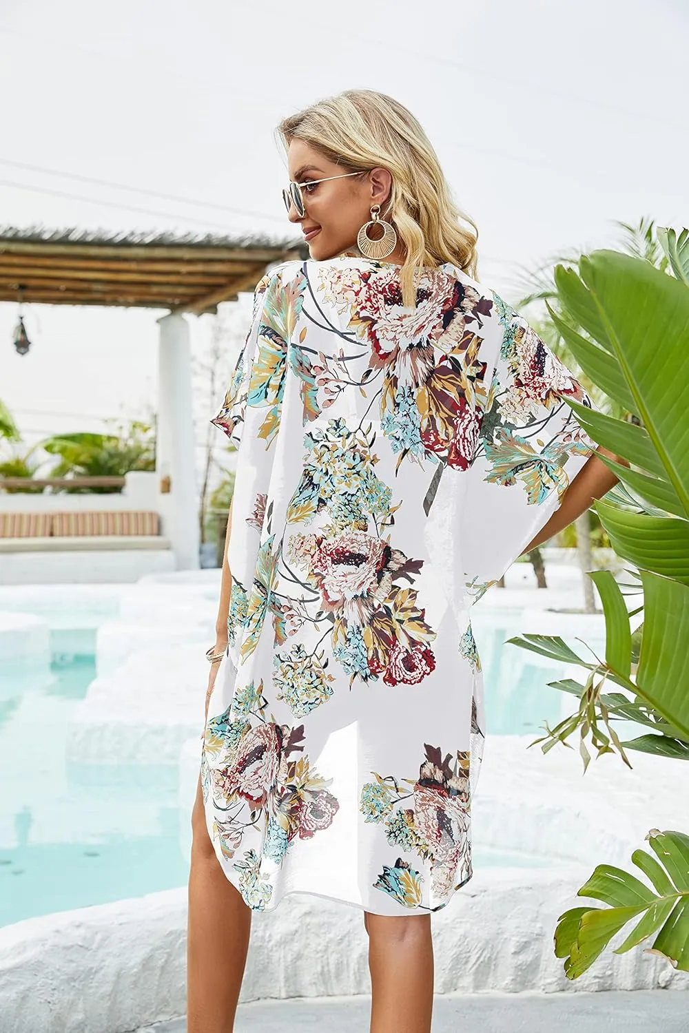 Ivay Womens Floral Kimono Duster Cardigans Short Sleeve Draped Oversized Beach Cover Up Cape