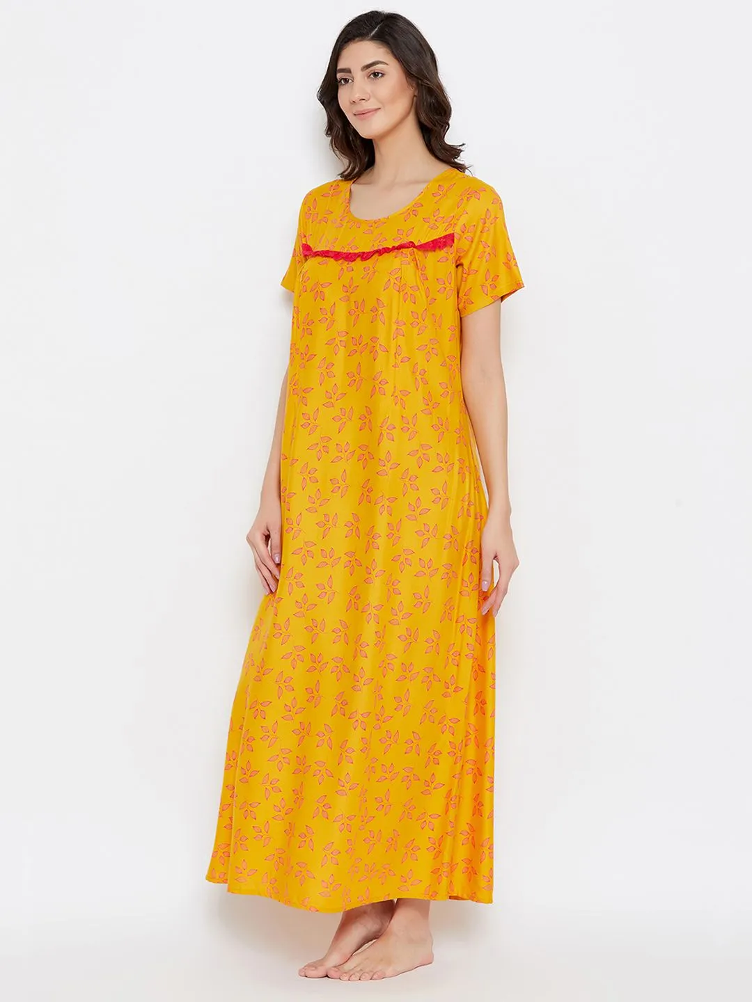 Leaf Print Long Nighty In Light Yellow