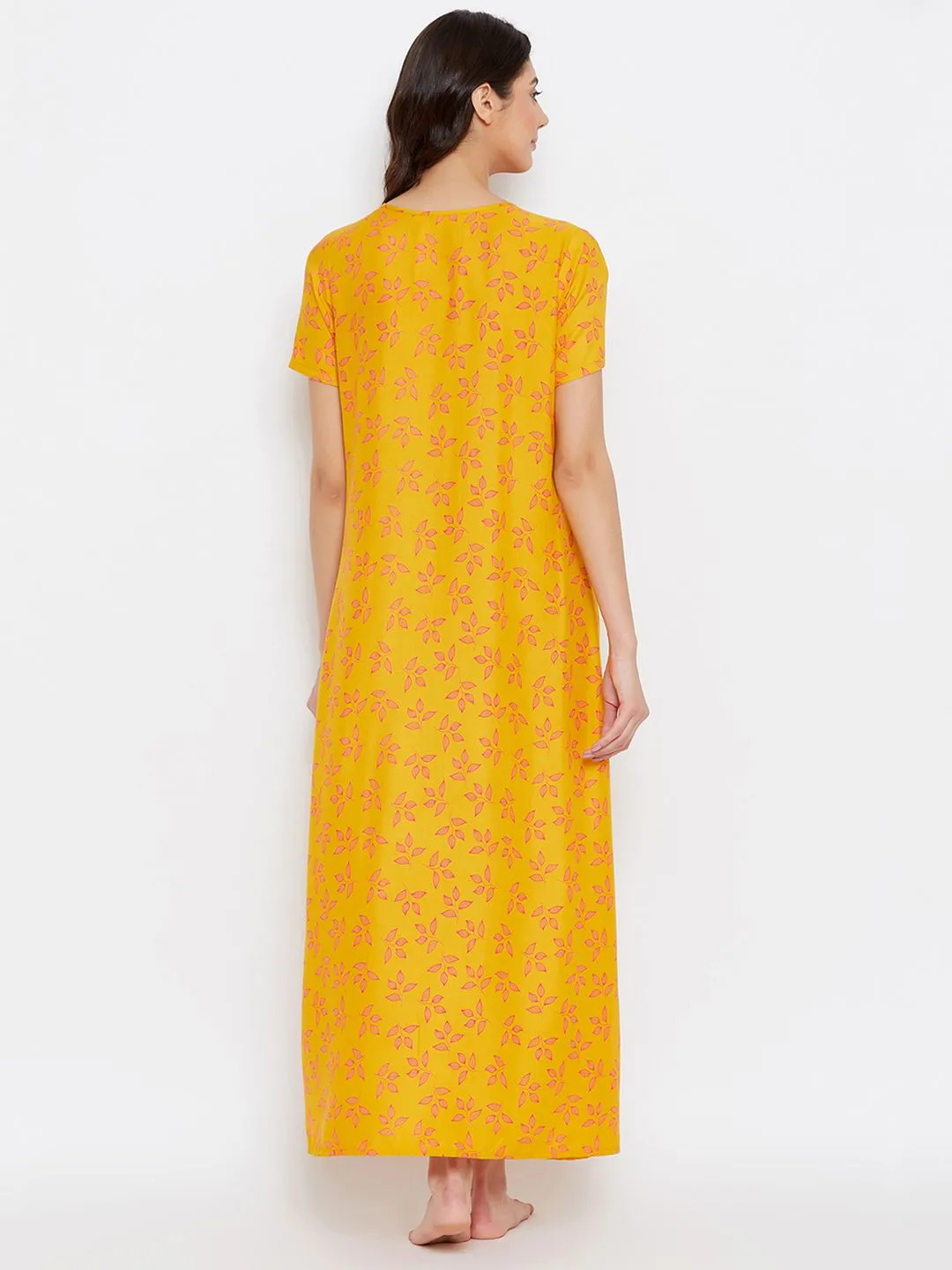 Leaf Print Long Nighty In Light Yellow