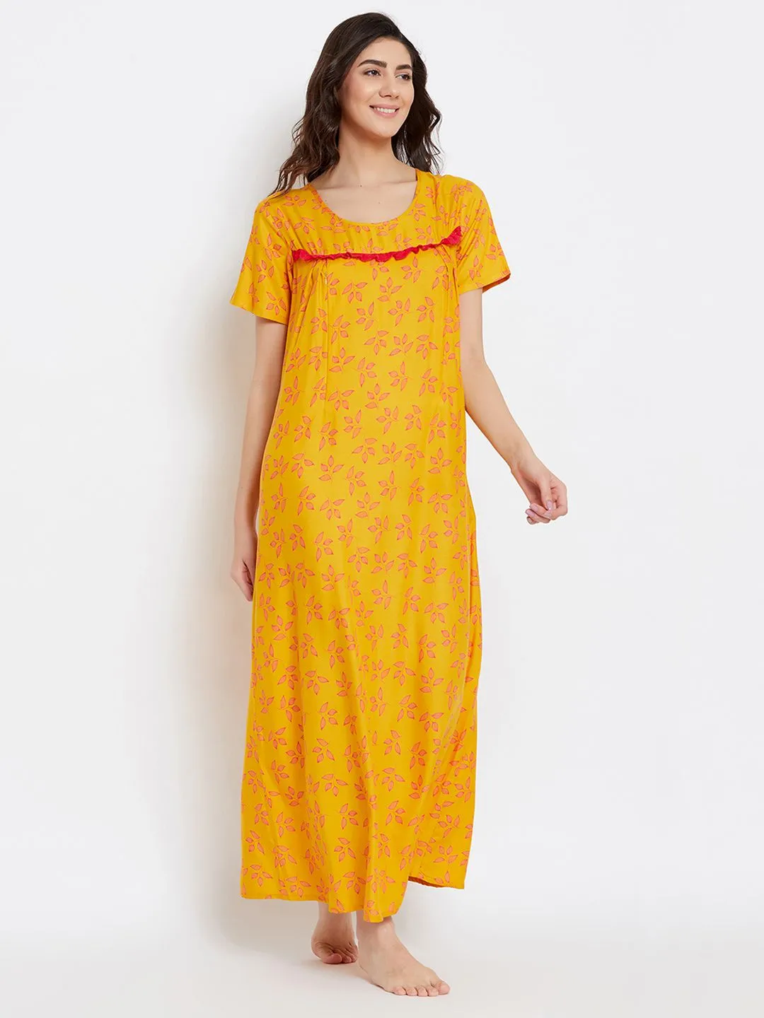Leaf Print Long Nighty In Light Yellow