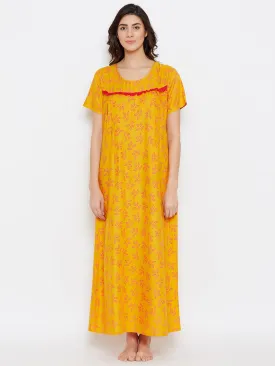 Leaf Print Long Nighty In Light Yellow