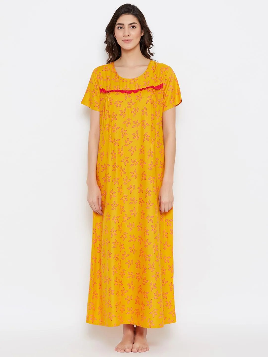 Leaf Print Long Nighty In Light Yellow