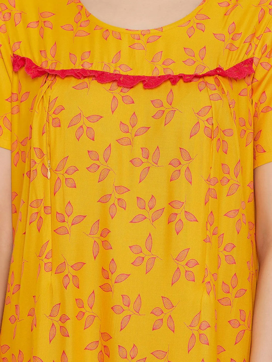 Leaf Print Long Nighty In Light Yellow
