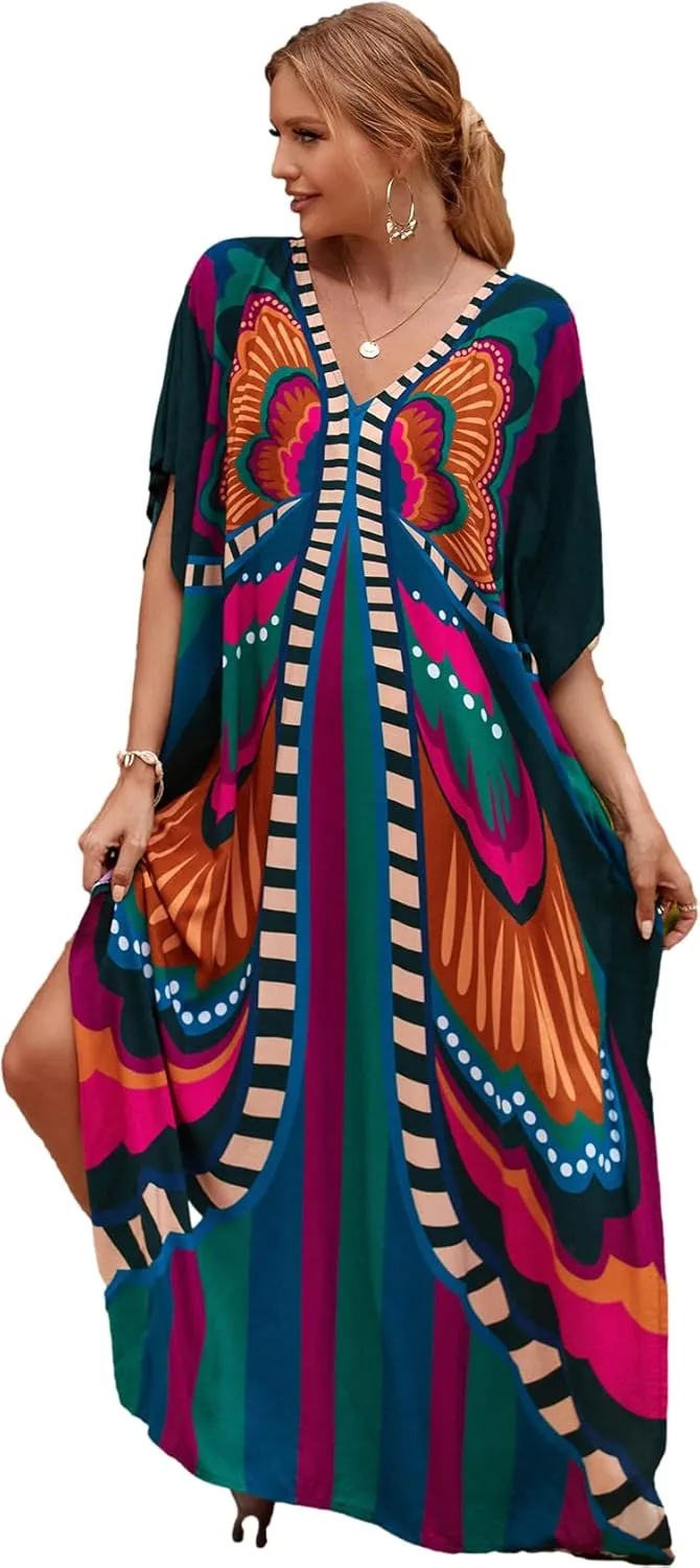 LOUSEA Caftans for Women Plus Size Swim Cover up Vneck Batwing Dress Loose fit Moroccan Caftan mumu Dresses for Women