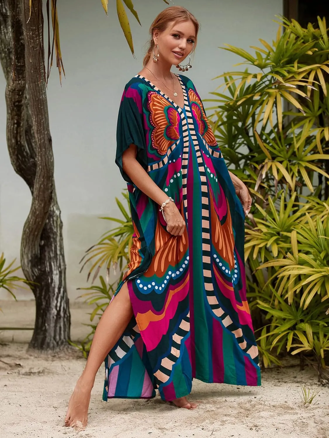 LOUSEA Caftans for Women Plus Size Swim Cover up Vneck Batwing Dress Loose fit Moroccan Caftan mumu Dresses for Women