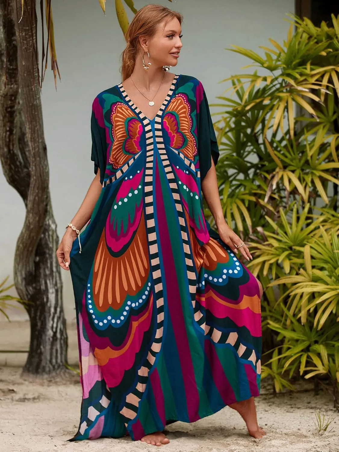 LOUSEA Caftans for Women Plus Size Swim Cover up Vneck Batwing Dress Loose fit Moroccan Caftan mumu Dresses for Women