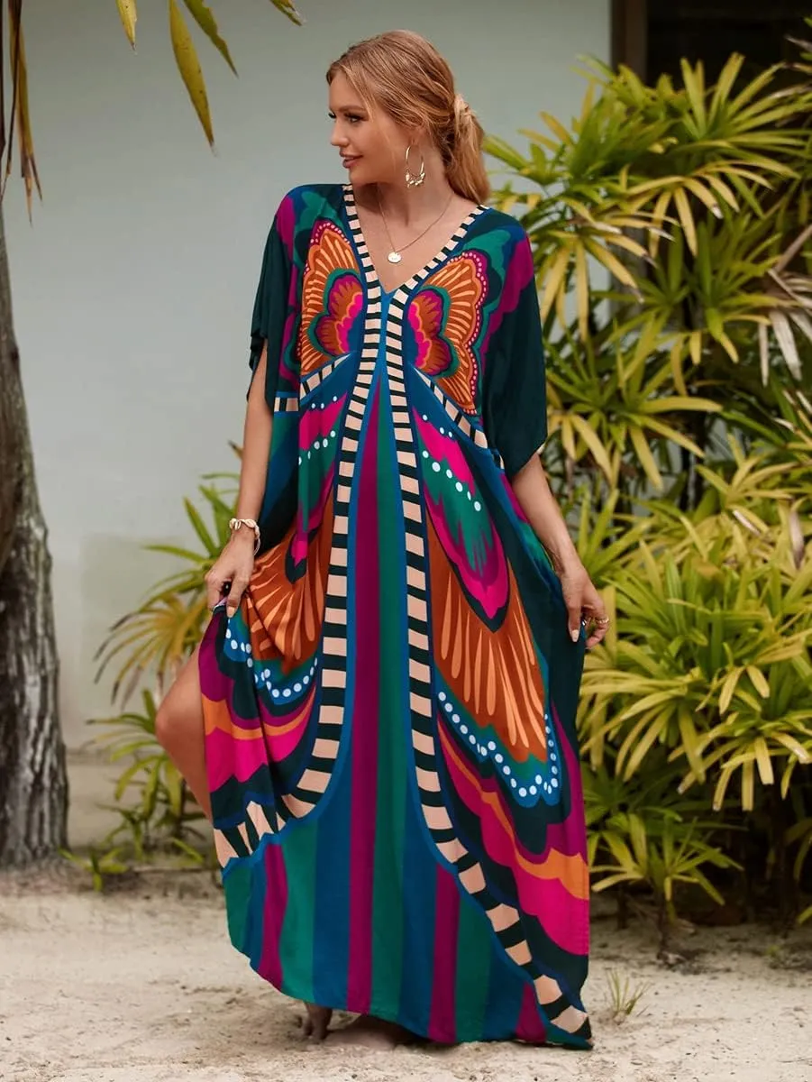 LOUSEA Caftans for Women Plus Size Swim Cover up Vneck Batwing Dress Loose fit Moroccan Caftan mumu Dresses for Women