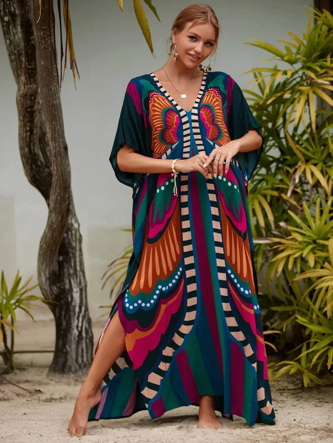 LOUSEA Caftans for Women Plus Size Swim Cover up Vneck Batwing Dress Loose fit Moroccan Caftan mumu Dresses for Women