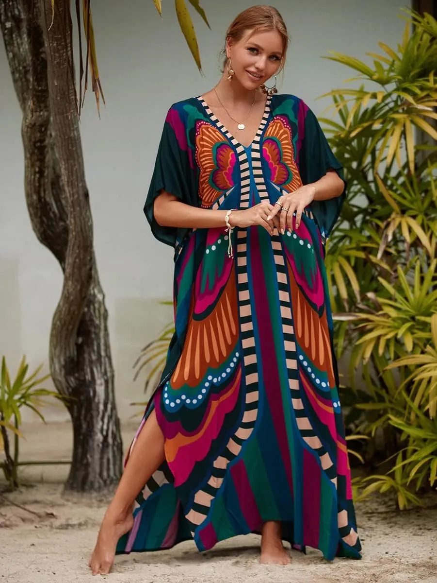 LOUSEA Caftans for Women Plus Size Swim Cover up Vneck Batwing Dress Loose fit Moroccan Caftan mumu Dresses for Women