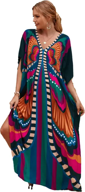 LOUSEA Caftans for Women Plus Size Swim Cover up Vneck Batwing Dress Loose fit Moroccan Caftan mumu Dresses for Women