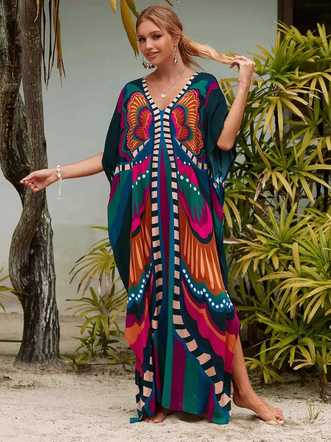 LOUSEA Caftans for Women Plus Size Swim Cover up Vneck Batwing Dress Loose fit Moroccan Caftan mumu Dresses for Women