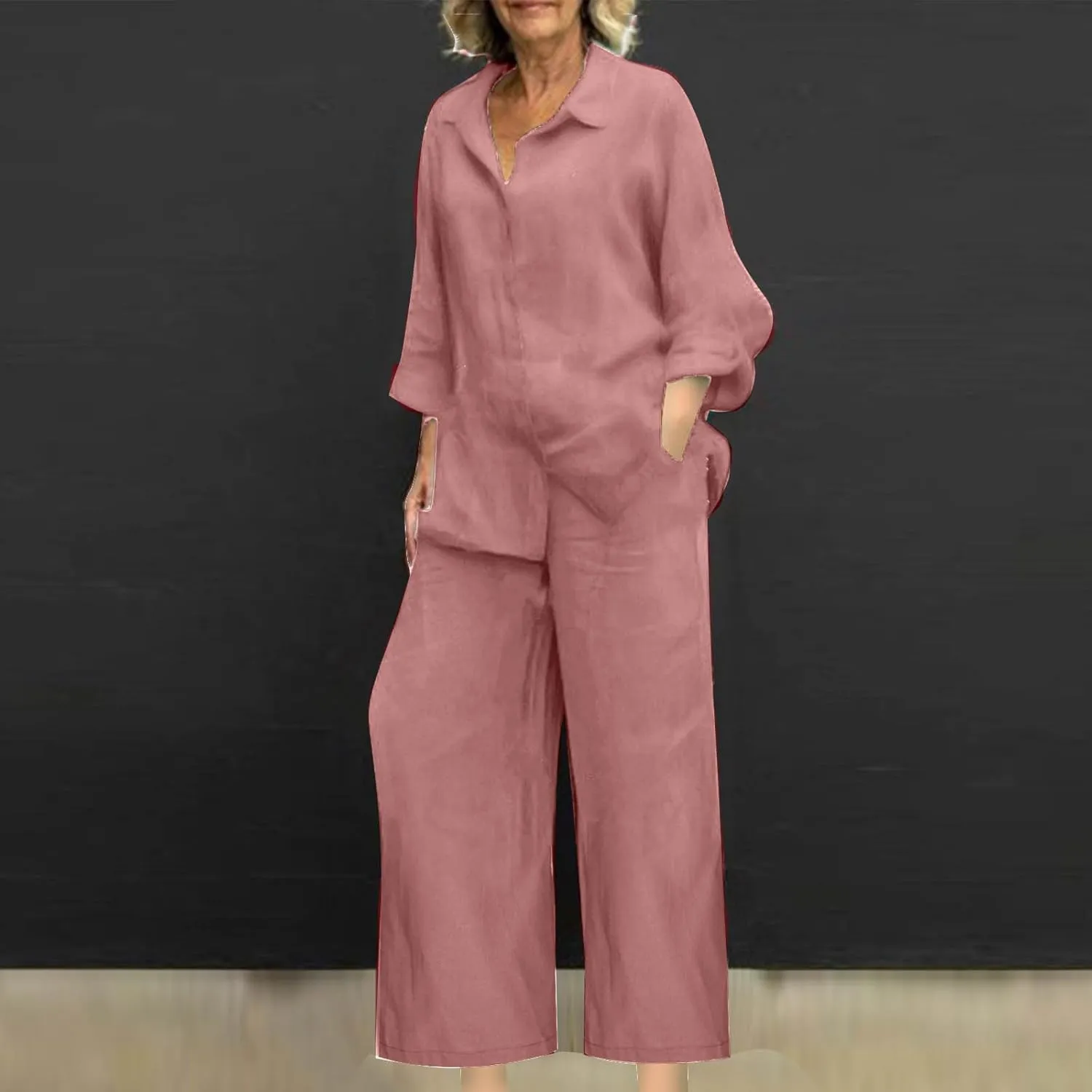 maisdgop Womens 2 Piece Outfits Summer Cotton Linen Set Casual Long Sleeve Button down Shirts and Pants Suits with Pockets