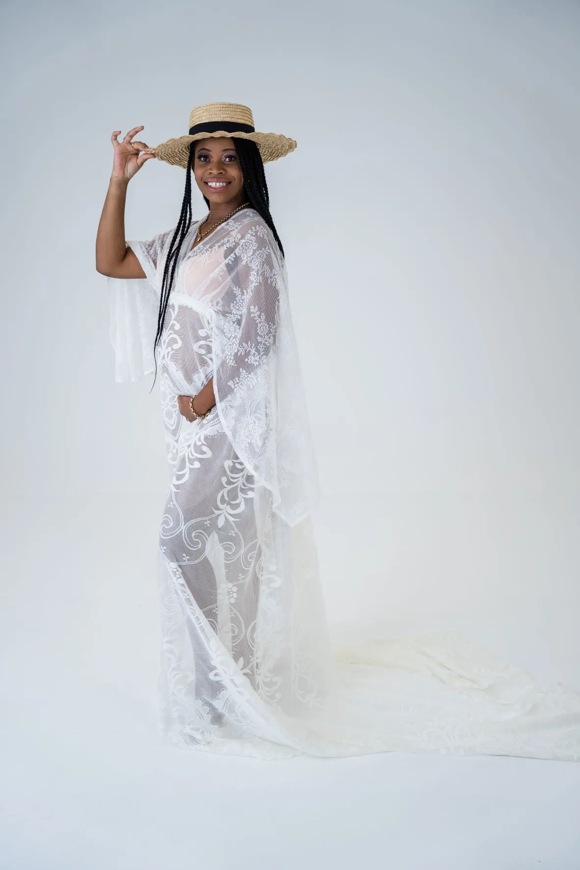 Maternity Photoshoot Dresses - White Lace Vneck Gown - D&J Newborn and Maternity Props
