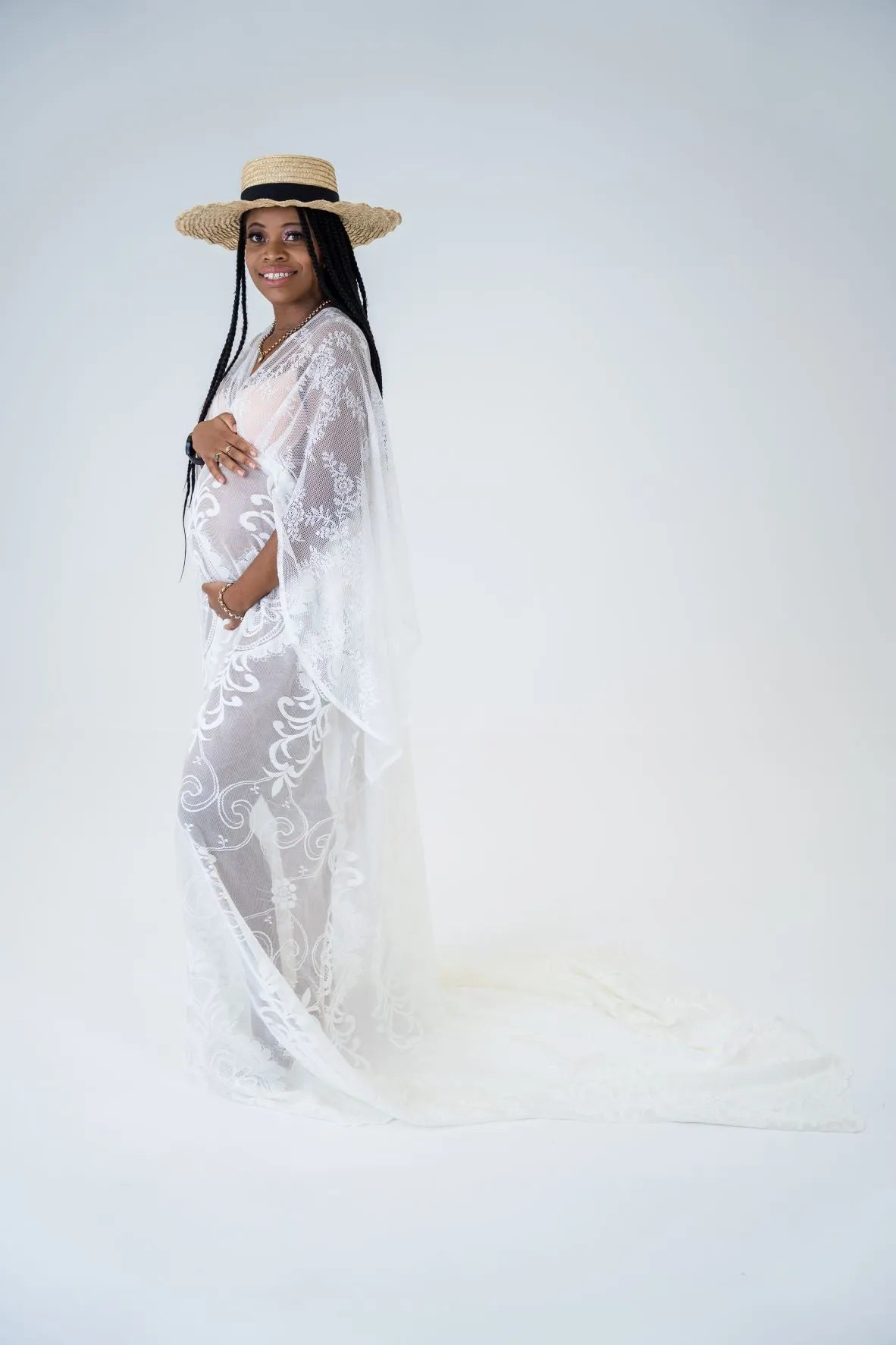 Maternity Photoshoot Dresses - White Lace Vneck Gown - D&J Newborn and Maternity Props