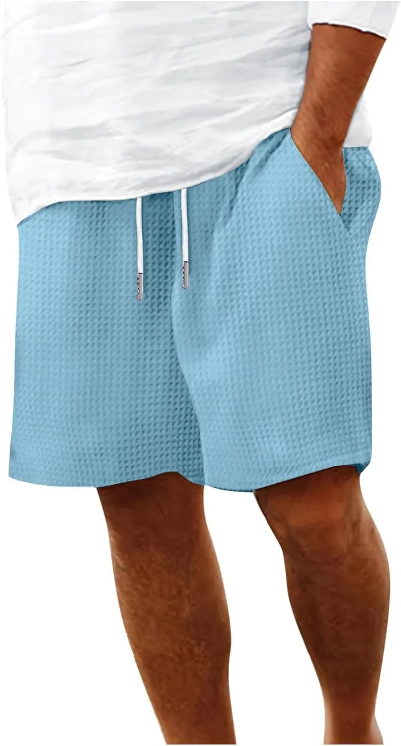 Men's Waffle Knit Shorts Casual Classic Fit Drawstring Summer Beach Shorts with Elastic Waistband Pockets