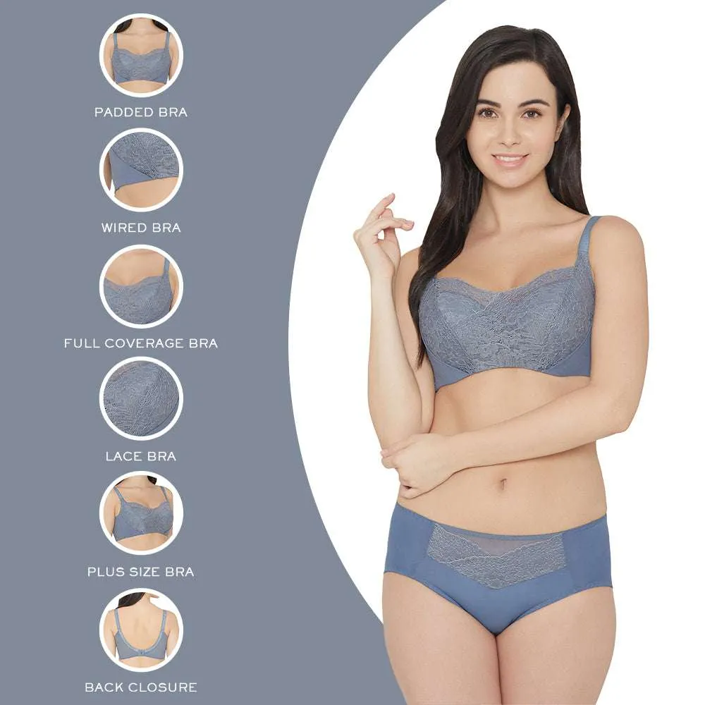 Moselle Padded Wired Full Cup Bridal Wear Full coverage Lace Bra - Blue