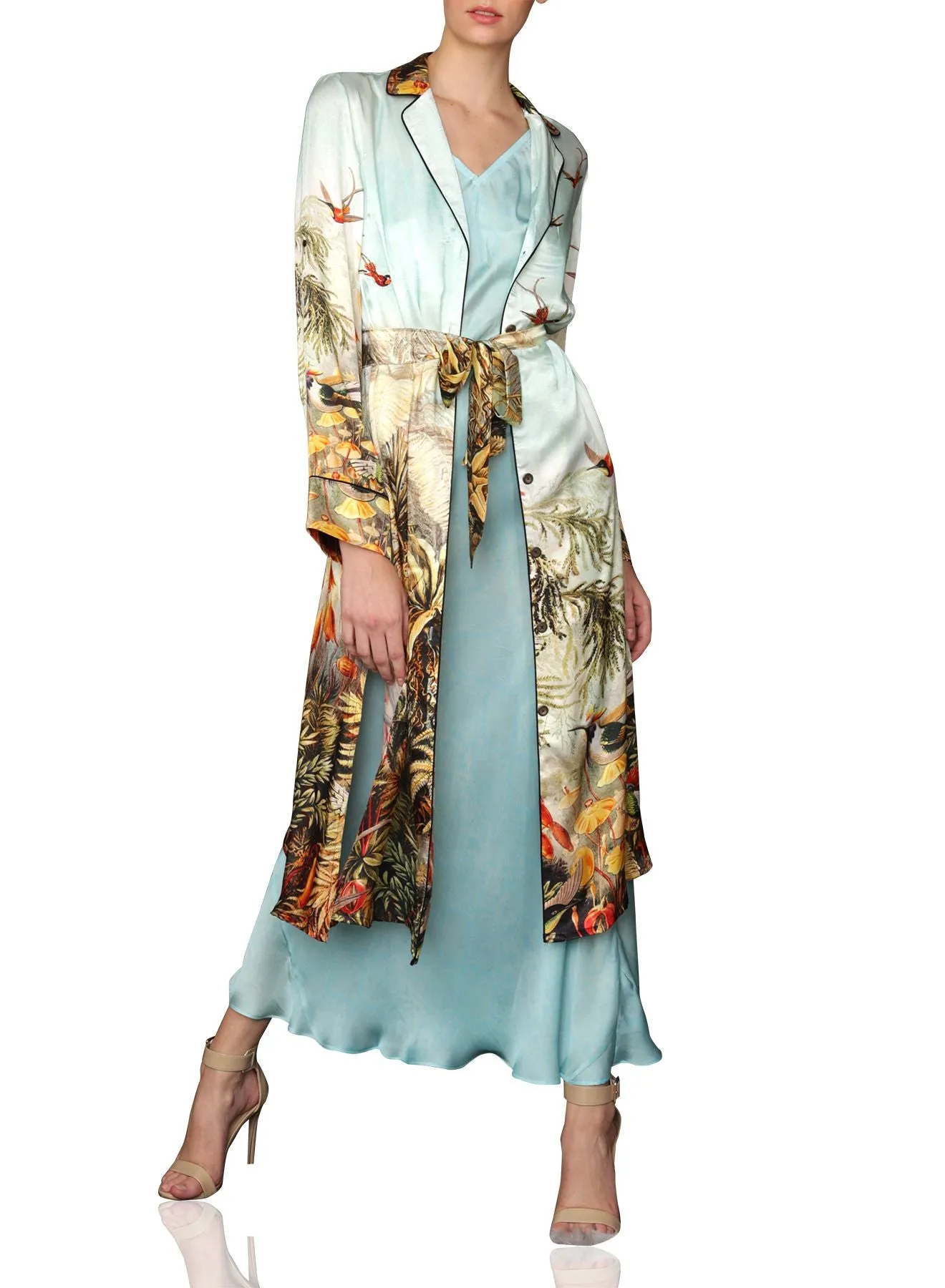 Nature Print Silk Long Robe Jacket