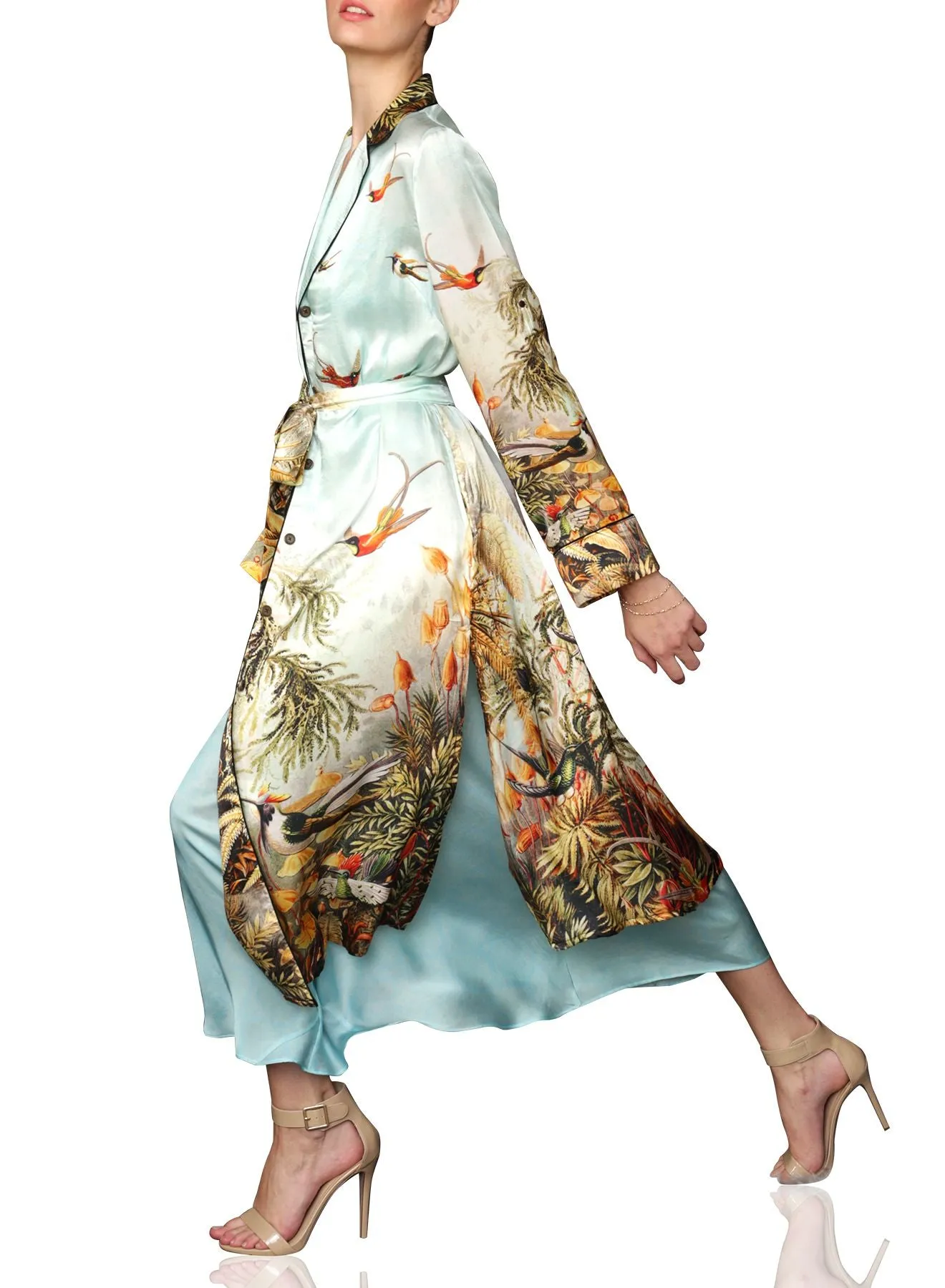 Nature Print Silk Long Robe Jacket