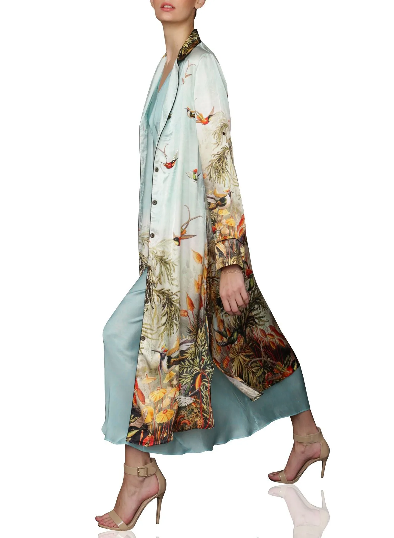 Nature Print Silk Long Robe Jacket