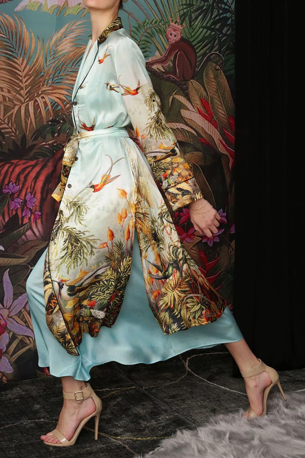 Nature Print Silk Long Robe Jacket