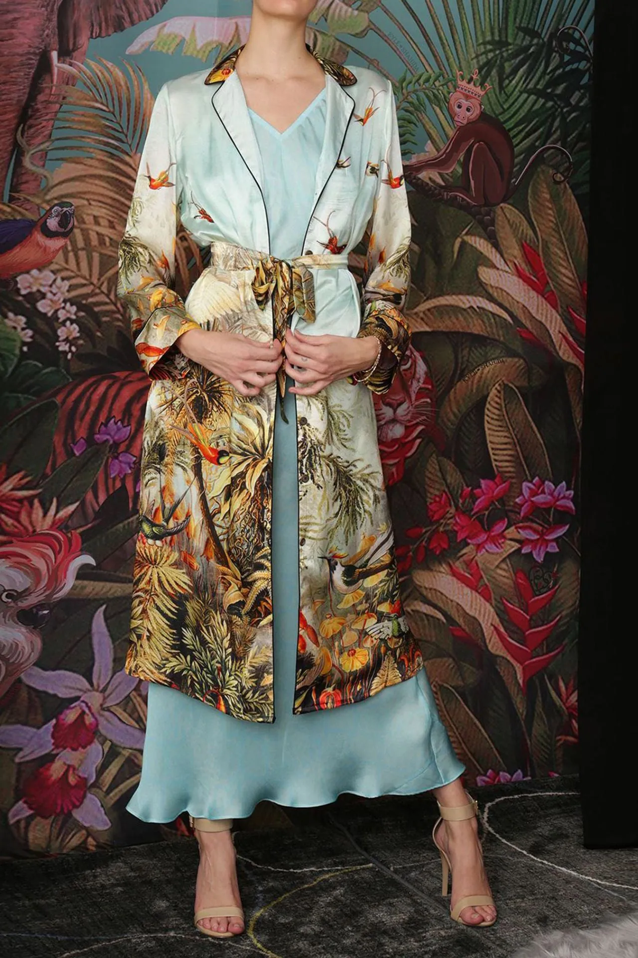 Nature Print Silk Long Robe Jacket