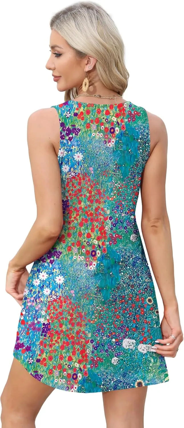 OFEEFAN Womens Summer Dresses 2025 Loose V Neck Sleeveless Sundresses Swimsuit Coverup with Pockets Floral/Plain/Eyelet