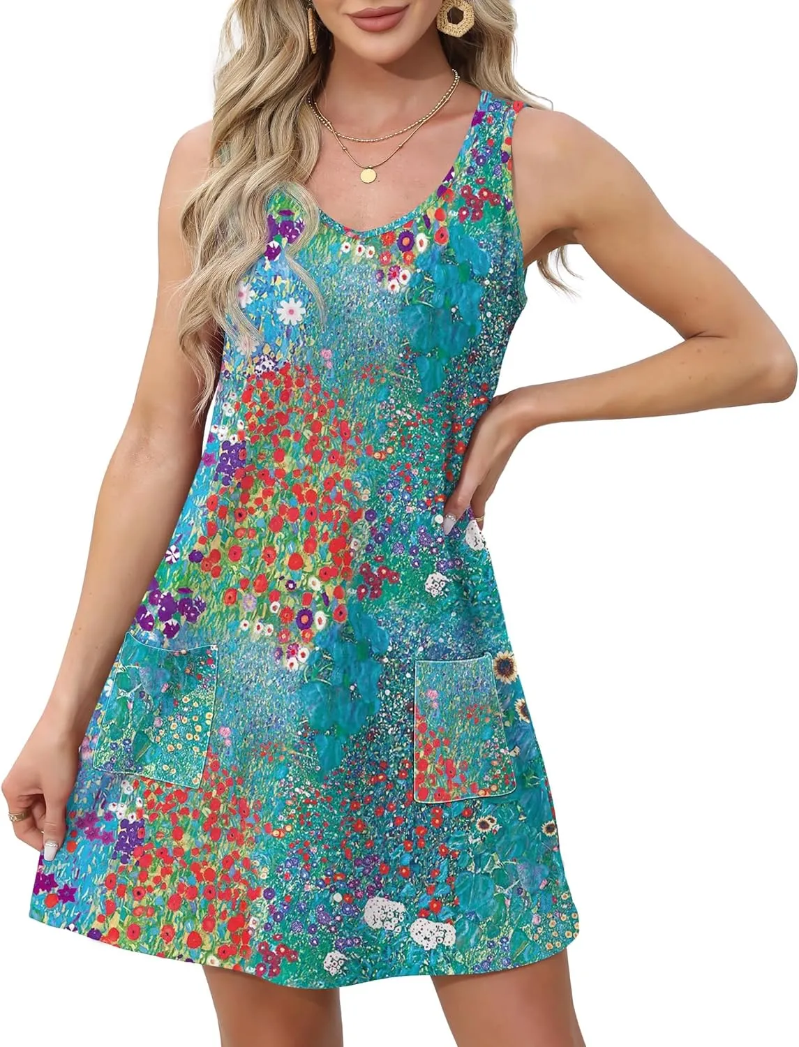 OFEEFAN Womens Summer Dresses 2025 Loose V Neck Sleeveless Sundresses Swimsuit Coverup with Pockets Floral/Plain/Eyelet